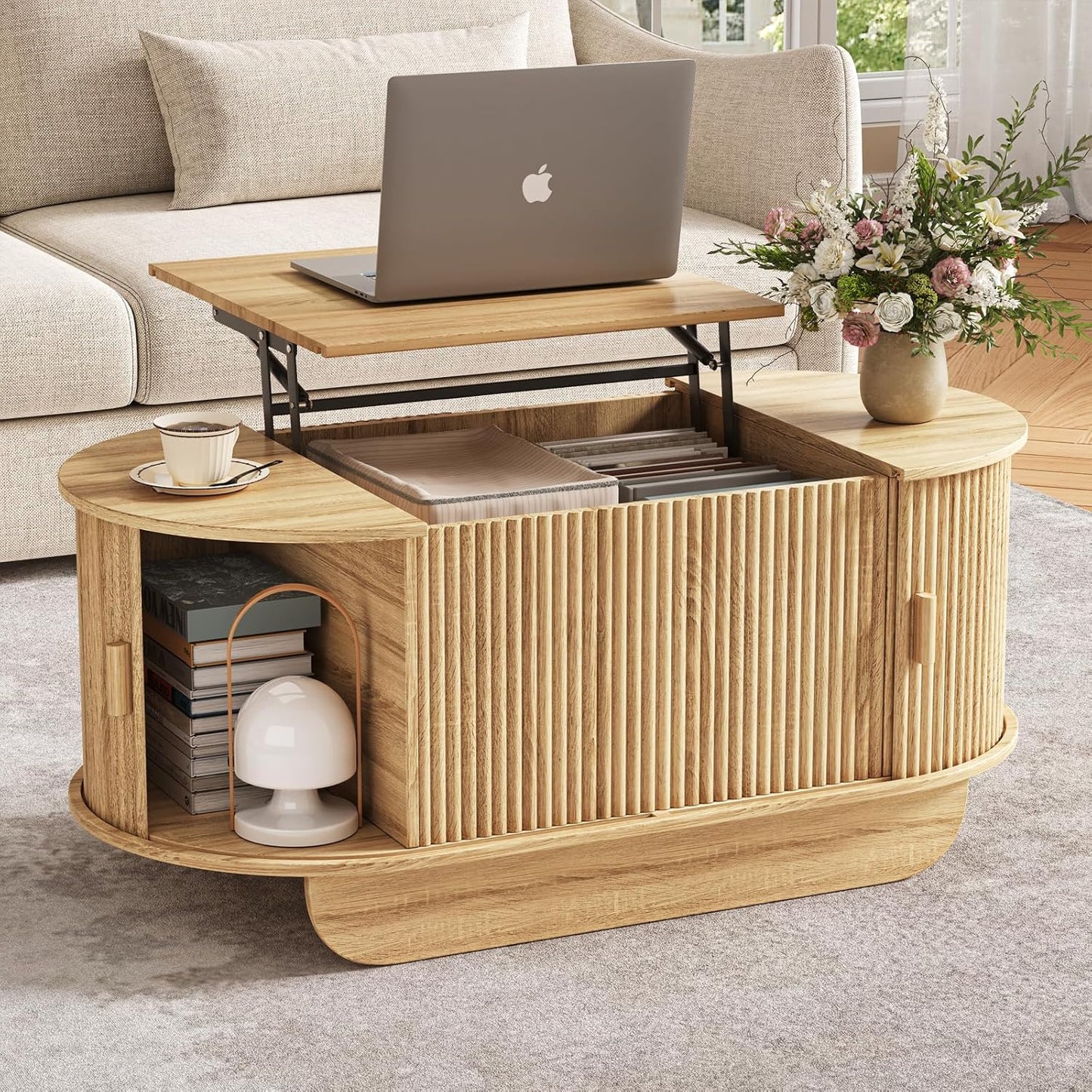 Lift Top Coffee Table with Storage,Oval Wood Coffee Table with Sliding Doors & Hidden Compartment, Fluted Center Table for Home,Living Room,Office, Natural