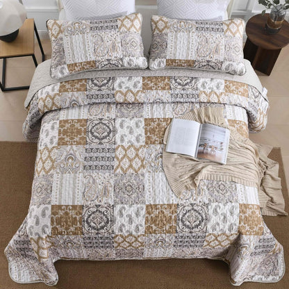 WONGS BEDDING Brown Quilt Set Queen Size, Patchwork Plaid Bedspread Bedding Sets Paisley Soft Microfiber Quilts for Queen Bed 3 Pieces Coverlet Set for All Season (96"x90")
