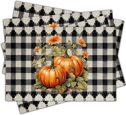 Halloween Pumpkin Placemats Set of 4, 12x18 Inch Pumpkin Plaid Table Mats, Washable Heat Resistant Place Mats for Kitchen Dining Table, Halloween Themed Decoration for Home-B07