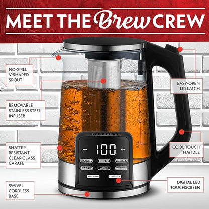 Gourmia Electric Glass Kettle – 1.7L Programmable Tea & Coffee Brewer with Digital Touch Display, 6 Presets, Removable Stainless Steel Infuser, Cordless with 360° Swivel Base, Red