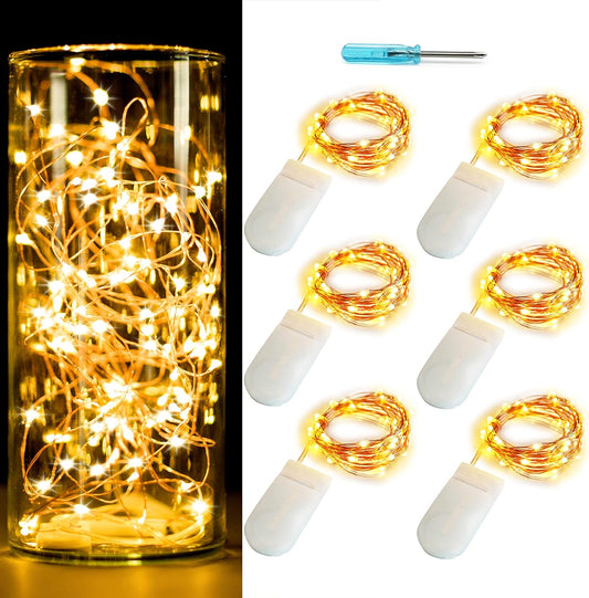 [6-Pack] 7Feet Starry String Lights,Fairy String Lights 20 Micro Starry LEDs On Copper Wire, 2pcs CR2032 Batteries Included,For Wedding Centerpiece,Party,Christmas Table Decor(Copper Warm White)