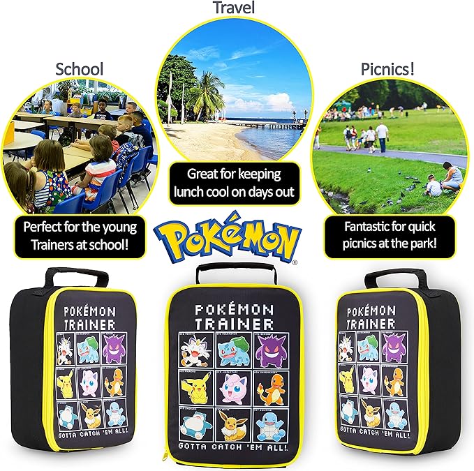Pokemon Lunch Bag Boys Girls Anime Pikachu Insulated Lunch Box Kids Cooler Bag for Snacks Daycare Travel Picnic School Supplies Gifts for Kids(Black)