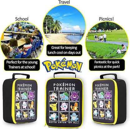 Pokemon Lunch Bag Boys Girls Anime Pikachu Insulated Lunch Box Kids Cooler Bag for Snacks Daycare Travel Picnic School Supplies Gifts for Kids(Black)
