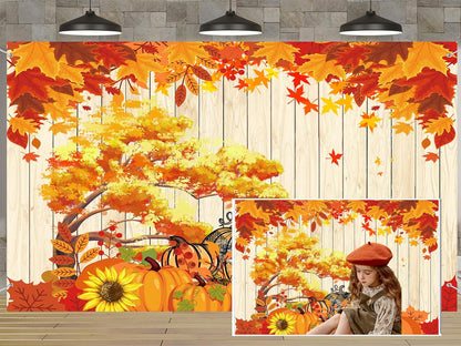 QGHOT Fall Tapestry Wall Hanging Autumn Photo Backdrop Rustic Orange Wood Tapestry Tree Maple Leaf Pumpkin Nature Landscape Country Tapestries for Bedroom Room Thanksgiving Decor (90.6"x70.9")