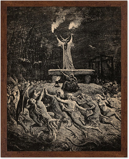 Poster Master Vintage Gustave Dore Poster - Retro Illustration Print - Gift for Gothic, Horror Fan - Dance of Sabbath, Witch, Magic, Spell - Wall Decor for Bedroom, Dorm, 11x14 Brown Framed