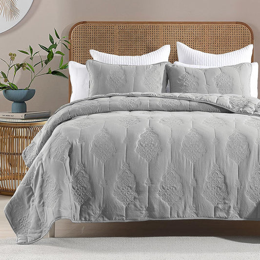 HORIMOTE HOME Grey Quilt Queen Size Floral Quilt Bedspread Lightweight Soft Pre-Washed Microfiber Bedcover, 3 Pieces Thin Comforter Bed Cover Bedding Set for All Season
