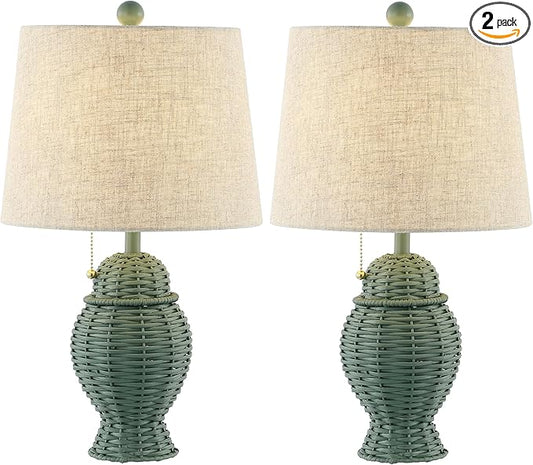 JONATHAN Y 20.5" Green Wicker Table Lamp Set of 2, Bohemian Rustic Farmhouse Bedside Lamps for Living Room, Nightstand Desk Lamps with Beige Linen Shade, LED Bulbs Included (JYL4041C-SET2)