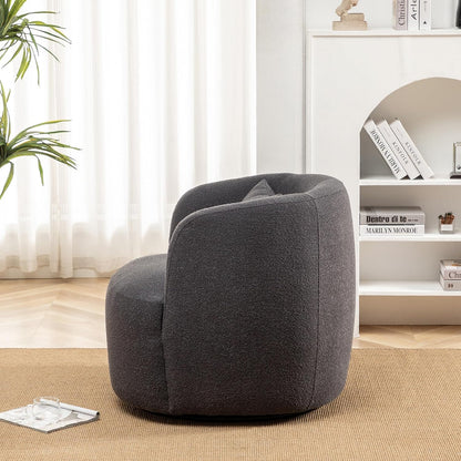 KINWELL 34" Wide Boucle Swivel Barrel Chair, No Assembly Round Upholstered Armchair Accent Chair Single Sofa Chair with Toss Pillow for Living Room and Bedroom, Dark Grey
