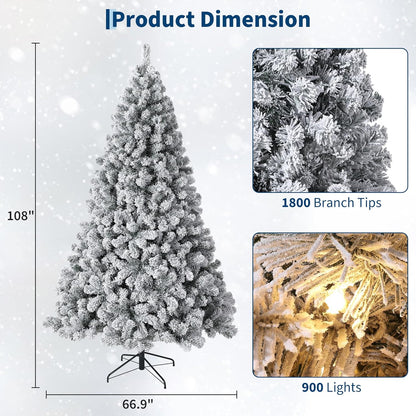 GarveeHome 9ft Prelit Artificial Christmas Tree with Warm White Lights, Snow Flocked Full Xmas Tree with 1800 Branch Tips, 900 LED Lights & Foldable Stand, Green & White Christmas Decorations