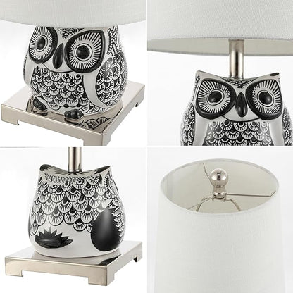 JONATHAN Y 16" Black/White Ceramic Owl Mini Table Lamp for Bedroom or Office, Modern Farmhouse Nightstand Lamp with White Linen Shade, LED Bulb Included (JYL3014C)