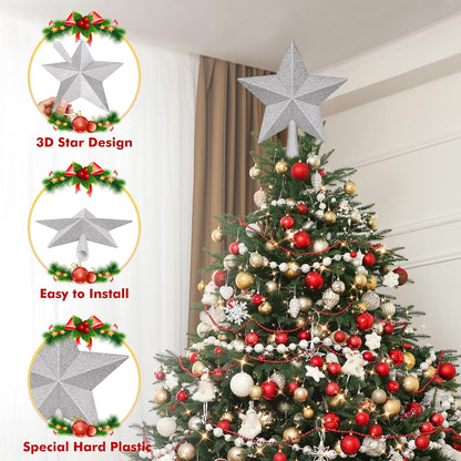 Christmas Tree Decoration, 10" Silver Christmas Tree Topper with Glitter, Large Bethlehem Star Xmas Tree Topper Decor, Waterproof Shatterproof Tree Topper for Christmas Holiday Home Indoor Outdoor