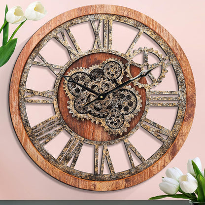 HOIBAI Large Wall Clock 24 Inch Large Clocks for Living Room Decor with Moving Gears Vintage Industrial Steampunk Farmhouse Big Clock for Home Kitchen Bedroom Office