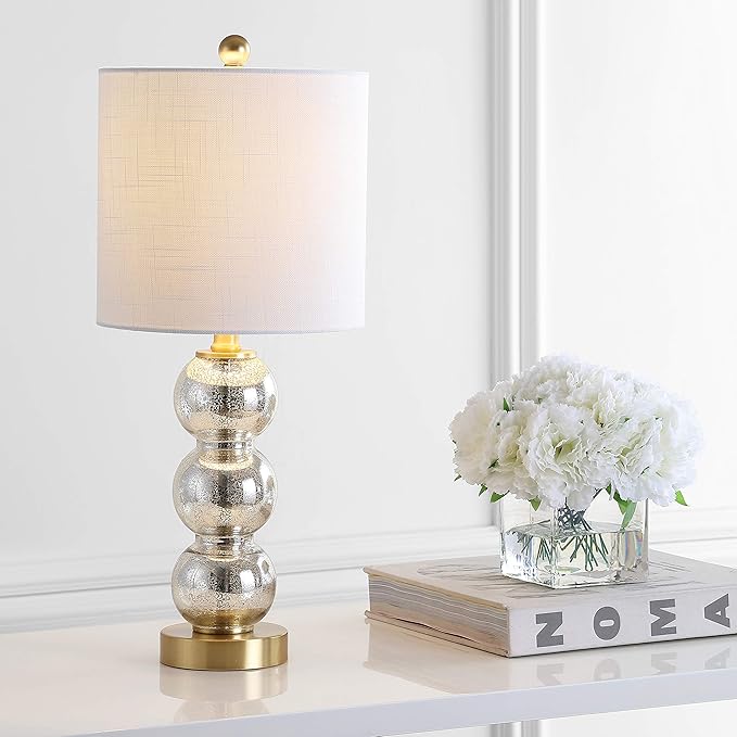 JONATHAN Y 21" Mercury Glass/Brass Gold Glass Table Lamp for Bedroom and Living Room, White Linen Shade, Modern Stacked Sphere Bedside Lamp, LED Bulb Included (JYL1021C)