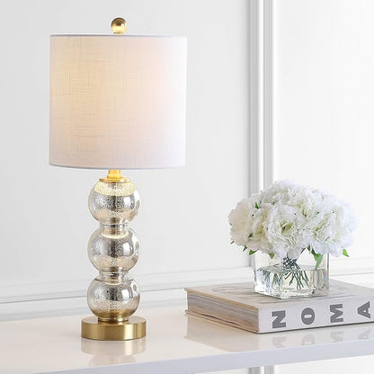 JONATHAN Y 21" Mercury Glass/Brass Gold Glass Table Lamp for Bedroom and Living Room, White Linen Shade, Modern Stacked Sphere Bedside Lamp, LED Bulb Included (JYL1021C)