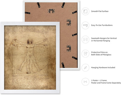 Poster Master Classic Leonardo Da Vinci Poster - Vintage Renaissance Print - Gift for Artist, Friend - Vitruvian Man, Proportion, Symmetry, Human Body - Wall Decor for Office, 16x20 White Framed