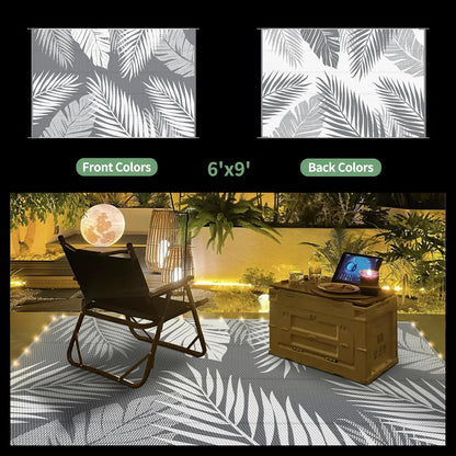 GENIMO Outdoor Rug 6' x 9' Waterproof for Patios Clearance, Reversible Outdoor Plastic Straw Camping Rug Carpet with LED String Light, Area Rugs Mats for RV, Camper, Deck, Balcony, Porch, Grey&White