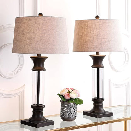 JONATHAN Y 32" Bronze and Clear Glass Table Lamp Set of 2 for Living Room, Rustic Farmhouse Bedside Nightstand Lamps with Gray Linen Drum Shade, LED Bulbs Included JYL4000A-SET2