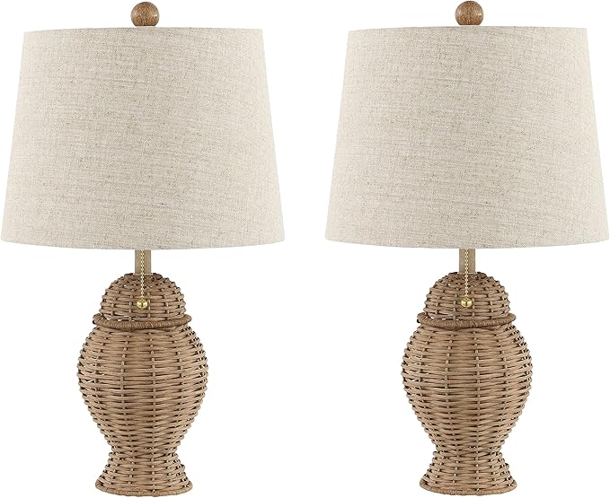 JONATHAN Y 20.5" Natural Wicker Table Lamp Set of 2, Bohemian Rustic Farmhouse Bedside Lamps for Living Room, Nightstand Desk Lamps with Beige Linen Shade, LED Bulbs Included JYL4041A-SET2