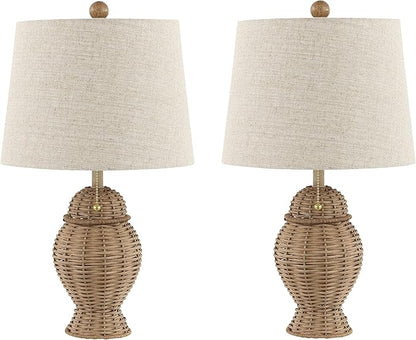 JONATHAN Y 20.5" Natural Wicker Table Lamp Set of 2, Bohemian Rustic Farmhouse Bedside Lamps for Living Room, Nightstand Desk Lamps with Beige Linen Shade, LED Bulbs Included JYL4041A-SET2