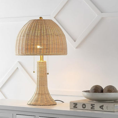 JONATHAN Y 22" Natural/Brass Gold Bohemian Rustic LED Table Lamp for Bedroom, Natural Rattan Shade, Farmhouse Coastal Nightstand Lamp for Living Room, LED Bulbs Included JYL4040A