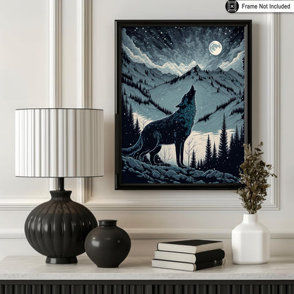 Poster Master Howling Wolf Poster - Moon Print - Mountain Art - Wolf & Moon Art - Gift for Men, Women & Animal Lover - Landscape Decor for Bedroom, Living Room or Kid's Room - 11x14 UNFRAMED Wall Art