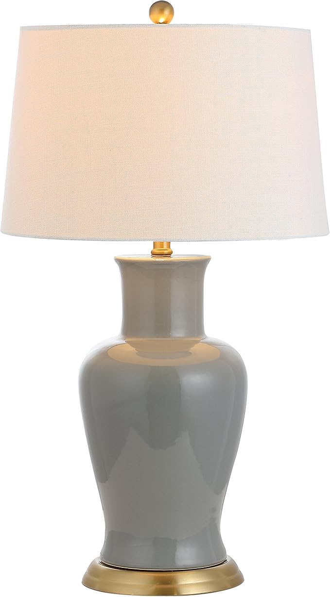 JONATHAN Y 29" Gray Traditional Ceramic Urn LED Table Lamp for Bedroom Decor, White Linen Drum Shade, Classic Nightstand Lamp for Living Room, LED Bulb Included (JYL4026C)