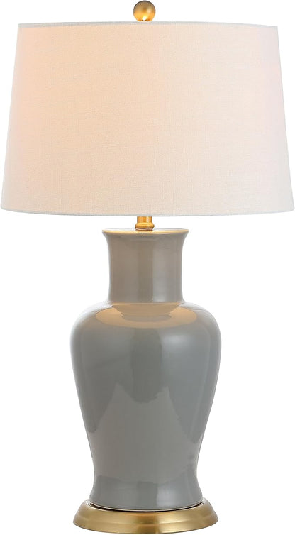 JONATHAN Y 29" Gray Traditional Ceramic Urn LED Table Lamp for Bedroom Decor, White Linen Drum Shade, Classic Nightstand Lamp for Living Room, LED Bulb Included (JYL4026C)