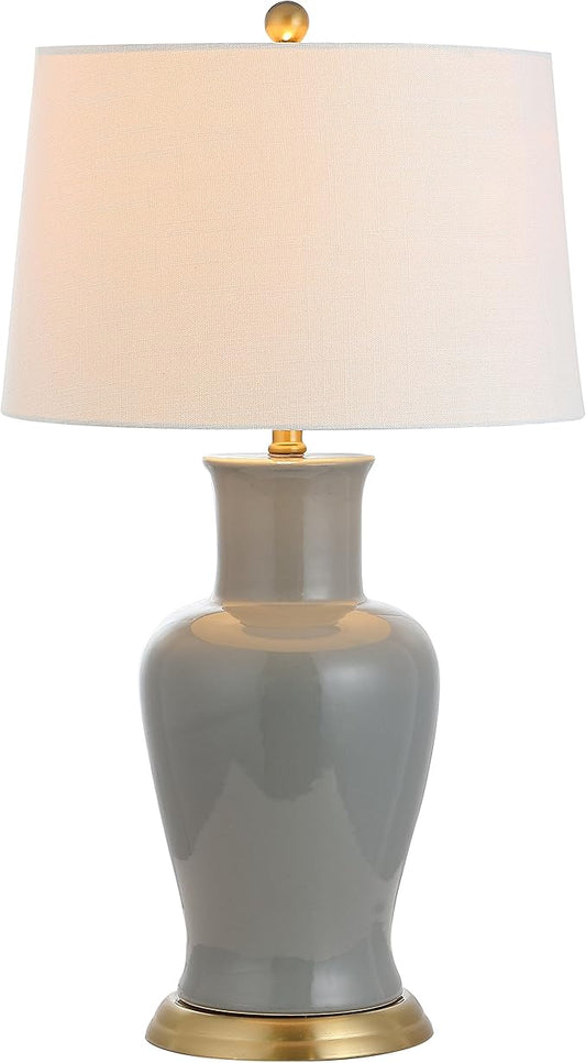 JONATHAN Y 29" Gray Traditional Ceramic Urn LED Table Lamp for Bedroom Decor, White Linen Drum Shade, Classic Nightstand Lamp for Living Room, LED Bulb Included (JYL4026C)