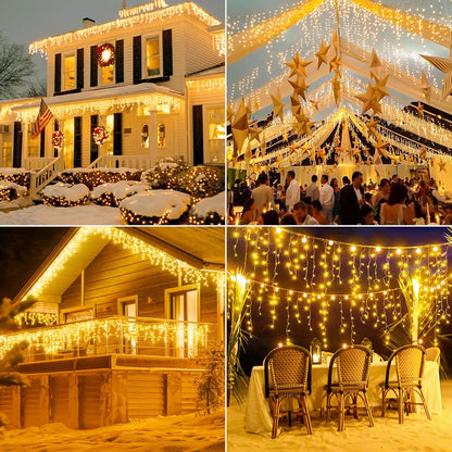 Hopolon 33FT 360L LED Christmas Icicle Lights Outdoor Waterproof,8 Modes Plug in Curtain String LIghts With 60 Drops,Christmas Lights for Wedding,Party,Bedroom,Home,Garden,Wall Decorations(Warm White)