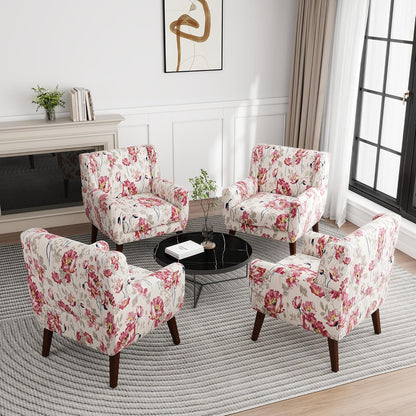 UIXE Floral Accent Chair, Modern Upholstered Armchair in Fabric for Living Room, Comfy Club Arm Chairs Single Sofa Button Tufted Bedroom Reading Seat - Pattern White, Set of 4