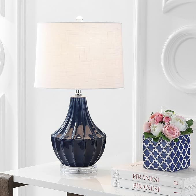 JONATHAN Y 24.5" Navy Blue Ceramic Table Lamp for Bedroom, Modern Bedside Desk Lamp, White Linen Drum Shade, Fluted Gourd for Living Room, LED Bulb Included JYL8018A