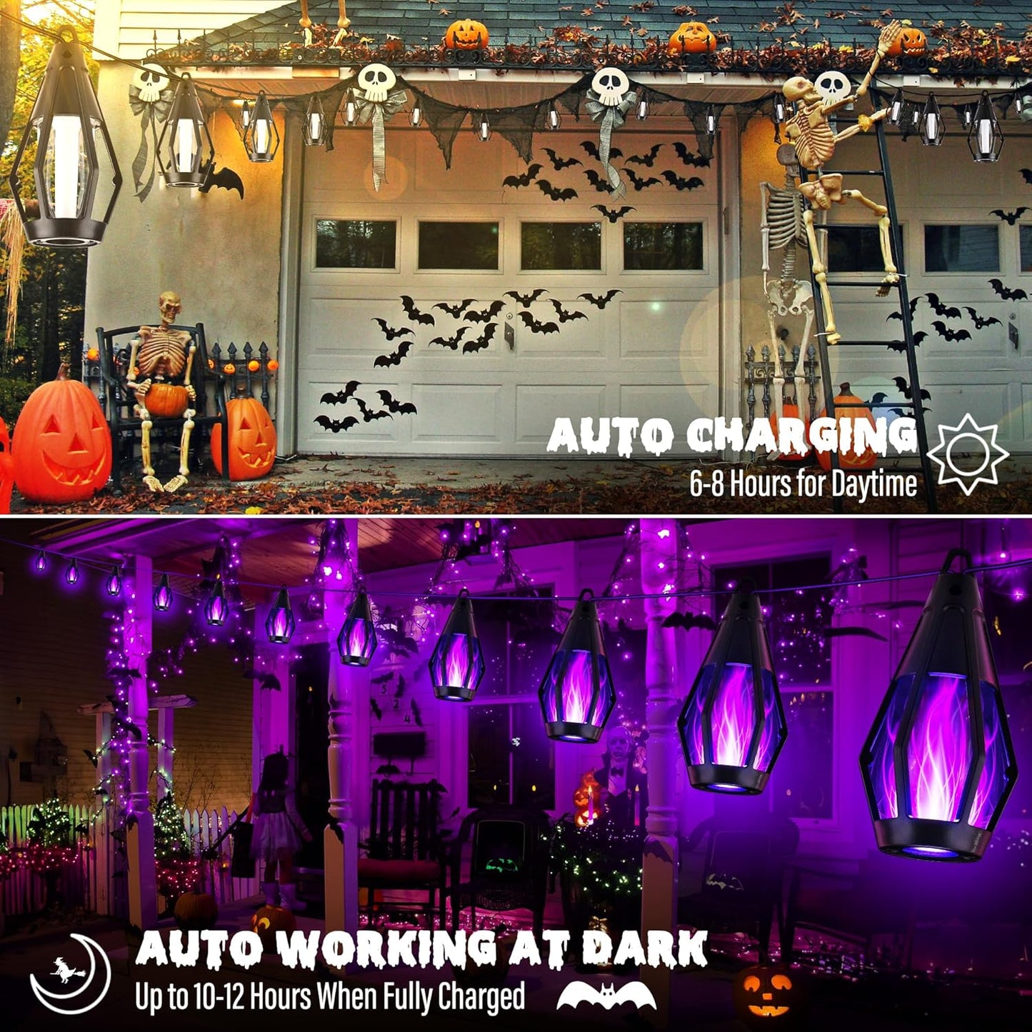 iBaycon Solar Halloween Lights, 42Ft 15 LED Bulbs Flickering Flame String Light, Outdoor Waterproof Solar Flame Lights for Garden Yard Patio Halloween Decorations (Purple)