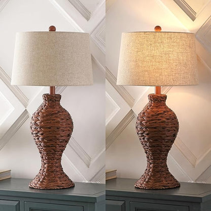 JONATHAN Y 31" Dark Brown Woven Water Hyacinth Table Lamp for Living Room, Coastal Farmhouse Urn Bedside Lamp with Gray Linen Drum Shade, LED Bulb Included (JYL1015B)