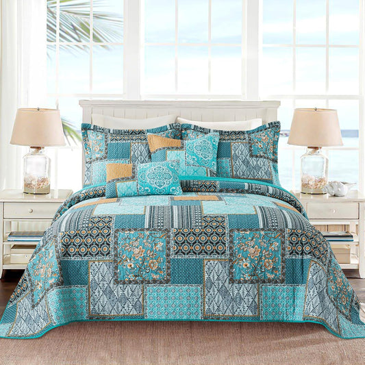 VAPUTAR Oversized King Size Quilt Bedding Set - Cotton California King Size Bedspreads (108 * 118 in) - Lightweight Floral Quilts for Farmhouse Bedroom (Teal/Green Chic, 3 Pieces)