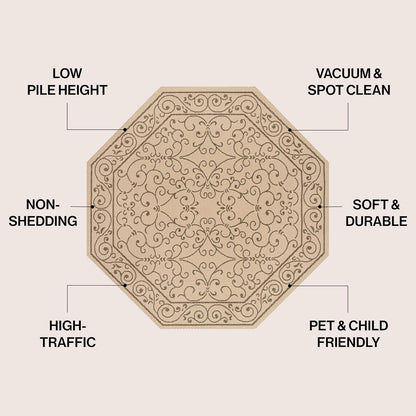 JONATHAN Y Vintage Filigree Indoor Outdoor Octagon Area Rug 5 Ft Beige/Brown, Charleston Textured Weave for Backyard, Patio, Porch, Easy-Cleaning, High Traffic, Pet-Friendly Non-Shedding SMB106A-5TGN