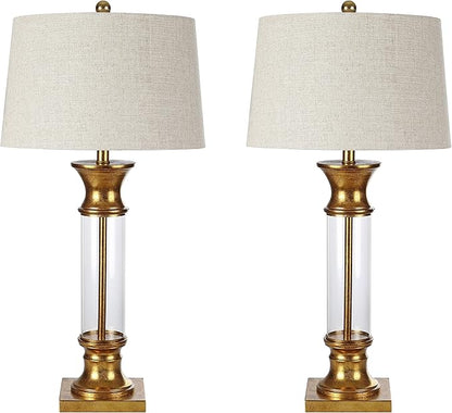 JONATHAN Y 32" Gold/Clear Glass Table Lamp Set of 2 for Living Room, Rustic Farmhouse Bedside Nightstand Lamps with Gray Linen Drum Shade, LED Bulbs Included (JYL4000B-SET2)