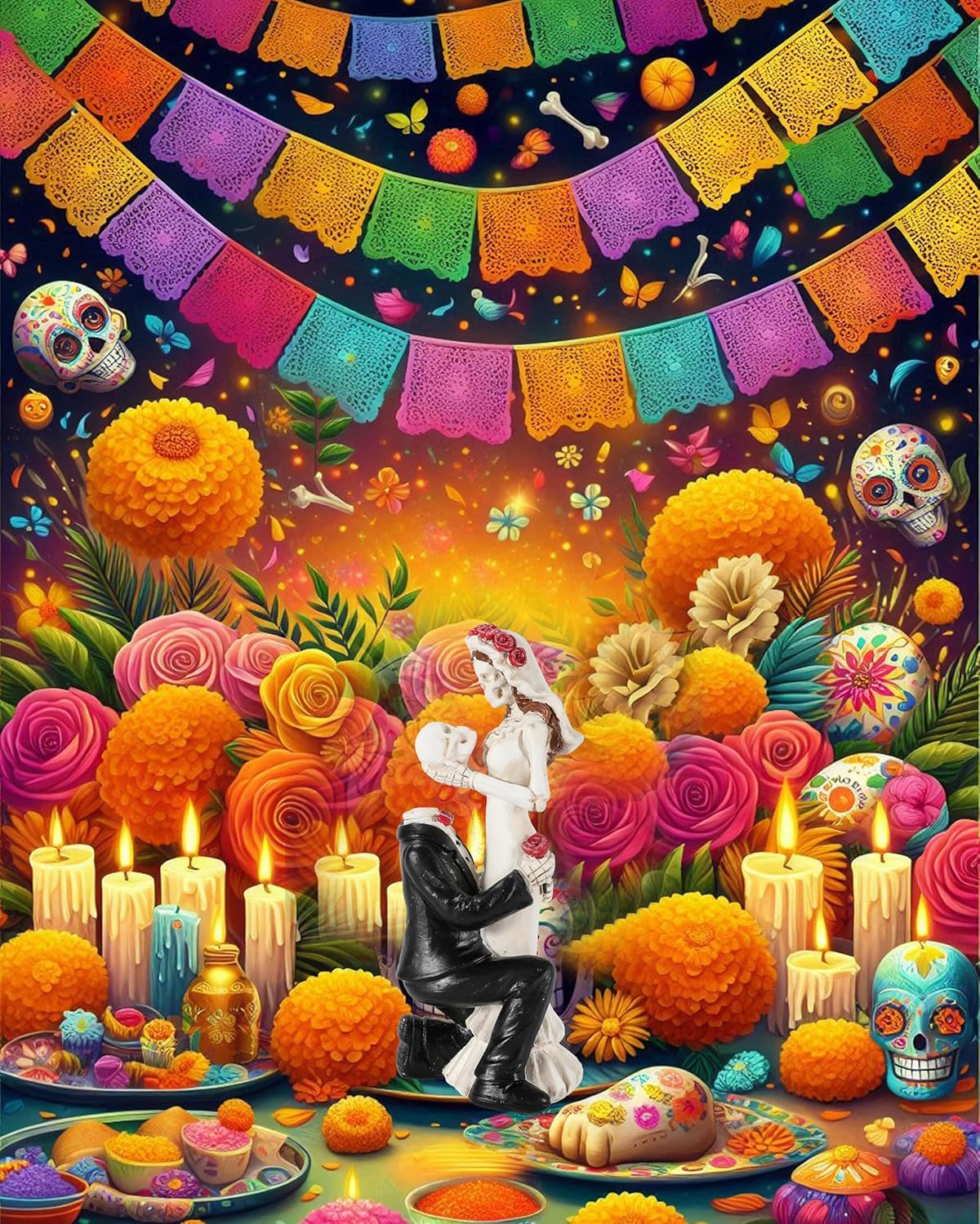 Skeleton Bride and Groom 6.4'' - Dia De Los Muertos Figurines Day of The Dead Decorations Till Death Do US Part Decor - Halloween Gothic Wedding Cake Topper Decor (Skeleton Couple)