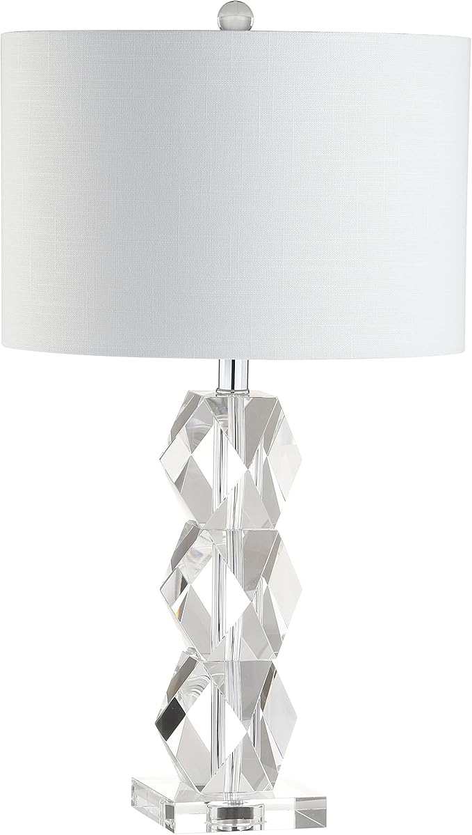 JONATHAN Y 26" Clear Faceted Crystal LED Table Lamp, Glam Modern Contemporary Column Lamp for Bedroom Living Room, White Linen Drum Shade, UL Listed, LED Bulb Included JYL5012A