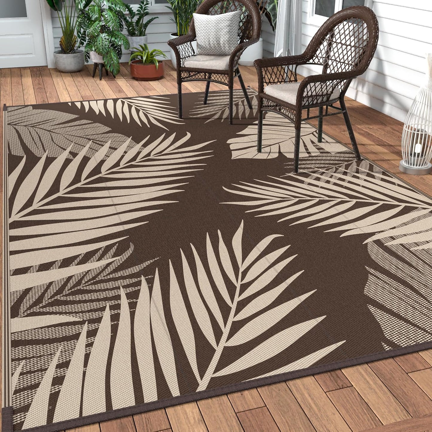 GENIMO Outdoor Rug 10' x 14' Waterproof for Patios Clearance, Reversible Outdoor Plastic Straw Camping Rug Carpet, Large Area Rugs Mats for RV, Camper, Deck, Balcony, Porch, Beach, Coffee&Beige