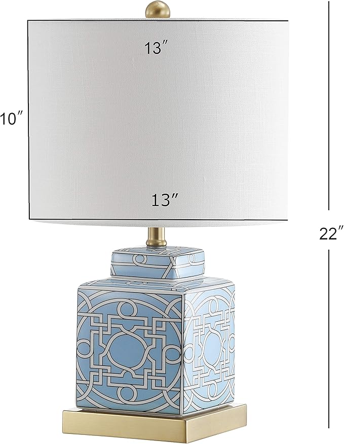 JONATHAN Y 22" Blue/White Modern Ceramic Ginger Jar Table Lamp for Nightstand, Square Lattice Transitional Chinoiserie Lamp for Living Room, White Linen Shade, LED Bulb JYL3044A
