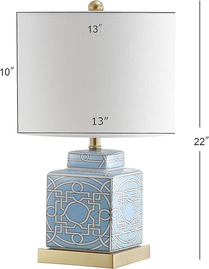 JONATHAN Y 22" Blue/White Modern Ceramic Ginger Jar Table Lamp for Nightstand, Square Lattice Transitional Chinoiserie Lamp for Living Room, White Linen Shade, LED Bulb JYL3044A
