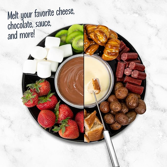 Nostalgia Electric Fondue Party Set for Chocolate and Cheese Fondue – 10 Oz Pot, 4 Roasting Forks, and 3-Section Tray – Temperature Control – Gifts, Parties, Date Night, and Dessert – Black