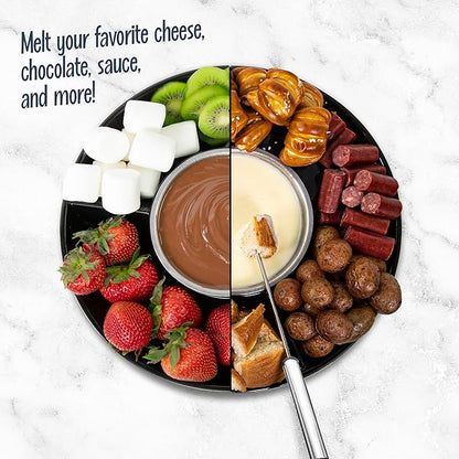 Nostalgia Electric Fondue Party Set for Chocolate and Cheese Fondue – 10 Oz Pot, 4 Roasting Forks, and 3-Section Tray – Temperature Control – Gifts, Parties, Date Night, and Dessert – Black