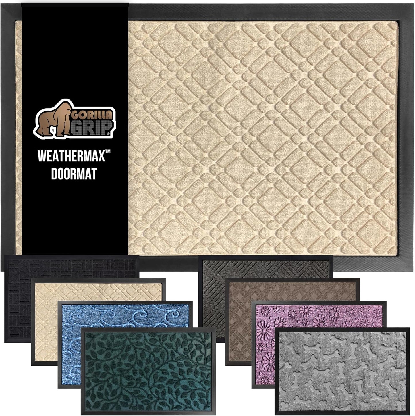 GORILLA GRIP 100% Waterproof All-Season WeatherMax Doormat, 47x35, US Designed Natural Rubber, Stain and Fade Resistant, Low Profile Indoor Outdoor Door Mats, Easy Clean Patio Mat, Modern Latte