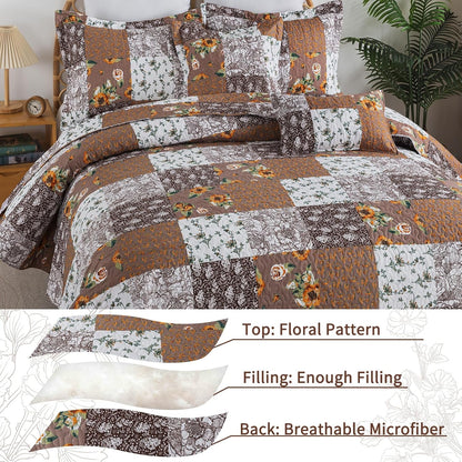 VAPUTAR Quilts Queen Size, Fall Patchwork Bedding Set with Floral Pattern, Soft and Breathable Coverlet Set, Lightweight Reversible Bedspread Suitable for All Season (90X98 inch, Brown)