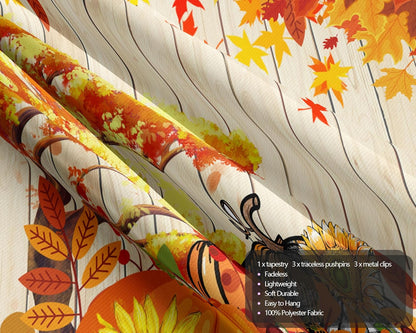QGHOT Fall Tapestry Wall Hanging Autumn Photo Backdrop Rustic Orange Wood Tapestry Tree Maple Leaf Pumpkin Nature Landscape Country Tapestries for Bedroom Room Thanksgiving Decor (90.6"x70.9")