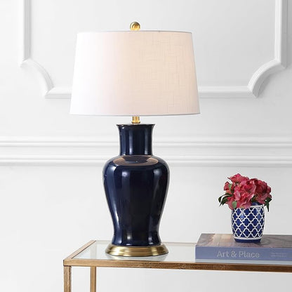 JONATHAN Y 29" Navy Traditional Ceramic Urn LED Table Lamp for Bedroom Decor, White Linen Drum Shade, Classic Nightstand Lamp for Living Room, LED Bulb Included (JYL4026B)