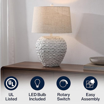 JONATHAN Y 24.5" White Water Hyacinth Farmhouse Basket Table Lamp, Coastal Decor for Living Room Bedroom Nightstand, Light Gray Linen Shade, LED Bulb Included (JYL6501C)
