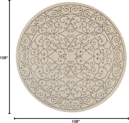 JONATHAN Y Vintage Filigree Indoor Outdoor Round Area Rug 9 Ft Beige/Brown, Charleston Textured Weave for Backyard, Patio, Porch, Easy-Cleaning, High Traffic, Pet-Friendly, Non-Shedding (SMB106A-9R)
