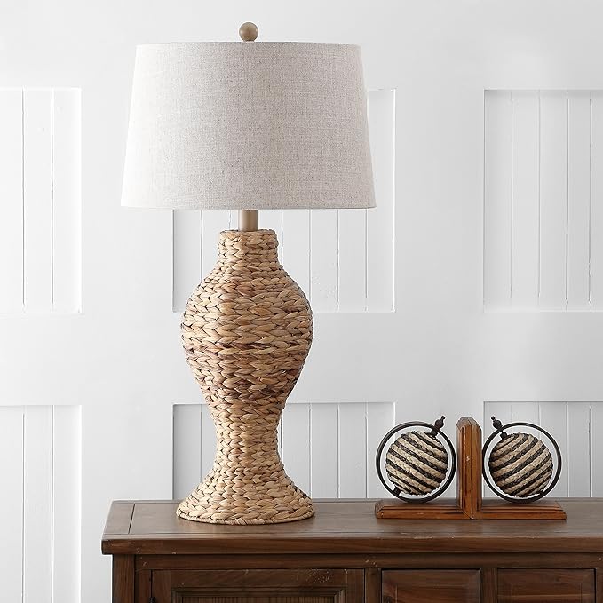 JONATHAN Y 31" Natural Woven Water Hyacinth Table Lamp for Living Room, Coastal Farmhouse Urn Bedside Lamp with Gray Linen Drum Shade, LED Bulb Included JYL1015A